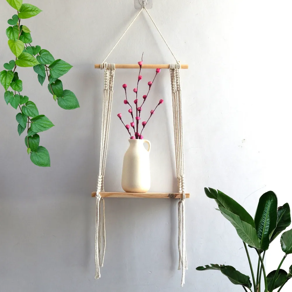 Boho-inspired Off-white Durable Macrame Wall Hanging Shelf