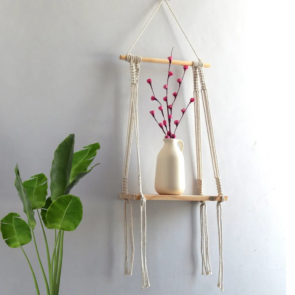 Boho-inspired Off-white Durable Macrame Wall Hanging Shelf