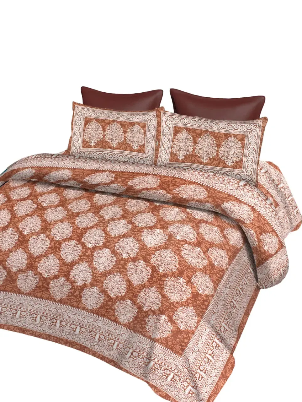 Bordered Brown & White 144 TC Cotton Double Bedsheet with Pillow Covers