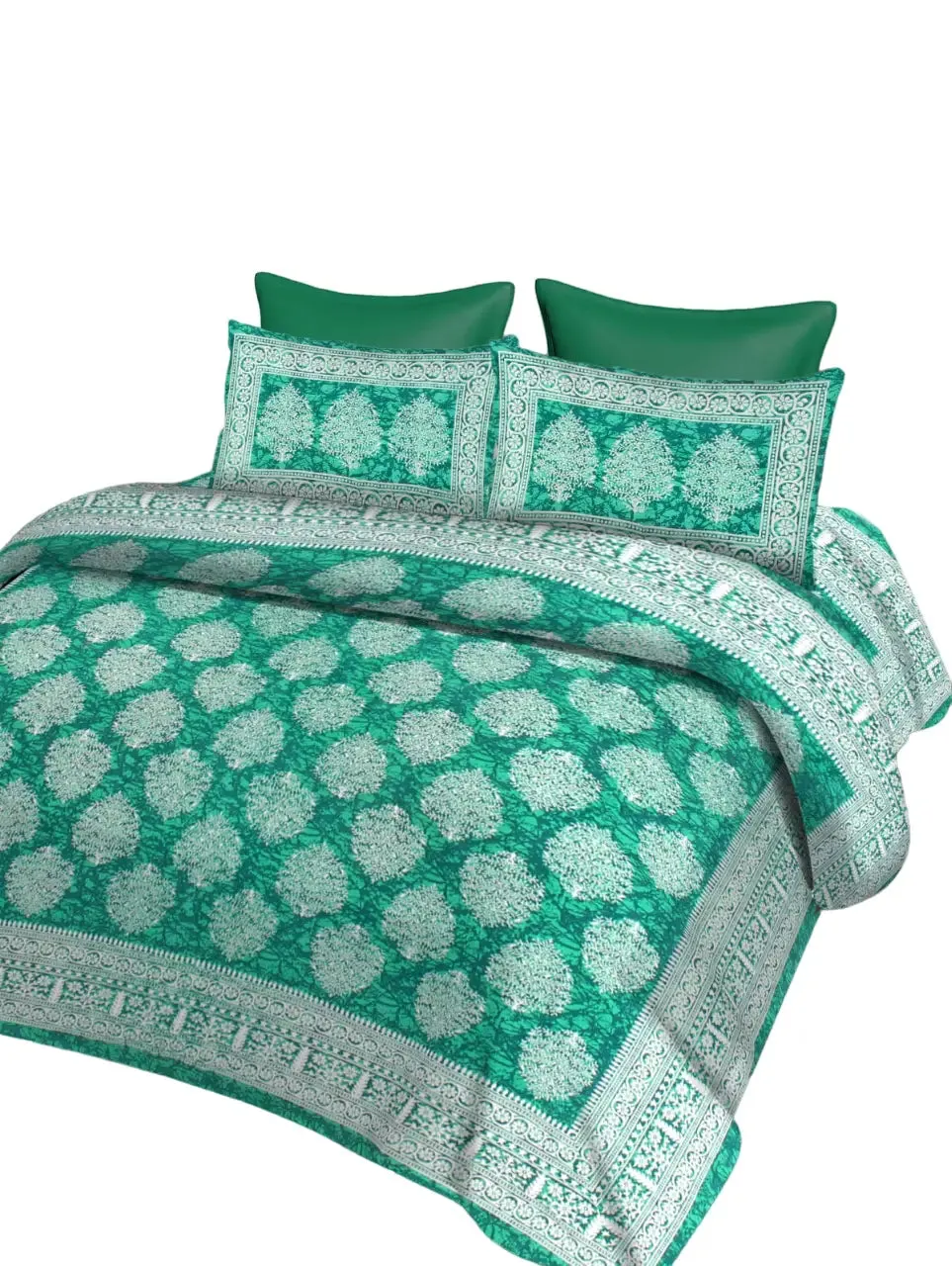 Bordered Green & White 144 TC Cotton Double Bedsheet with Pillow Covers