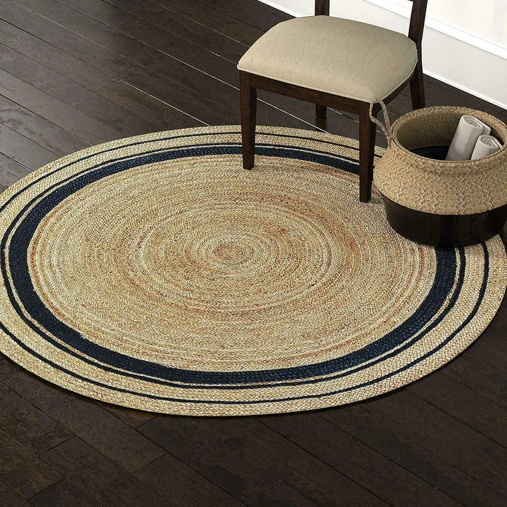 Bottle Green Bordered Artsy Round Jute Rug XS (2*2ft)