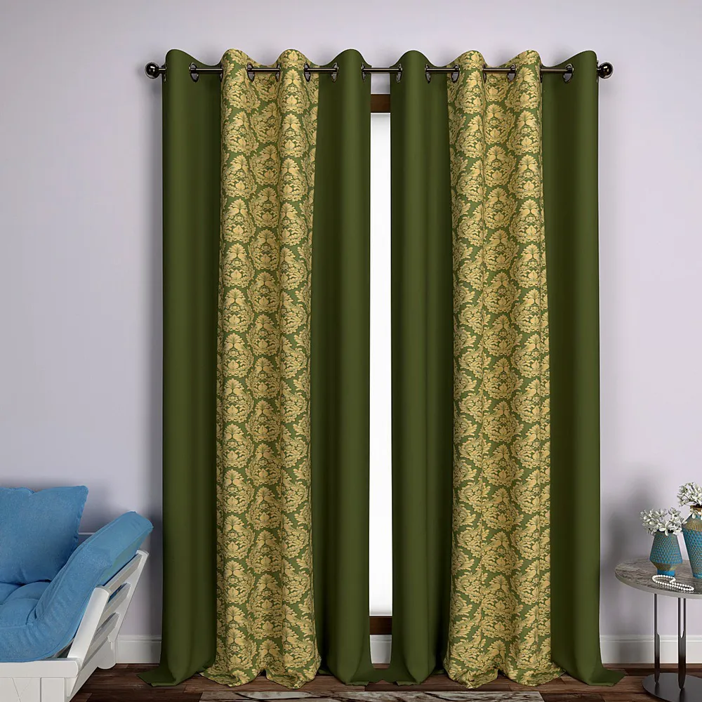 Bottle Green Damask Designer Layered Door Curtain Medium Single Piece (7ft)