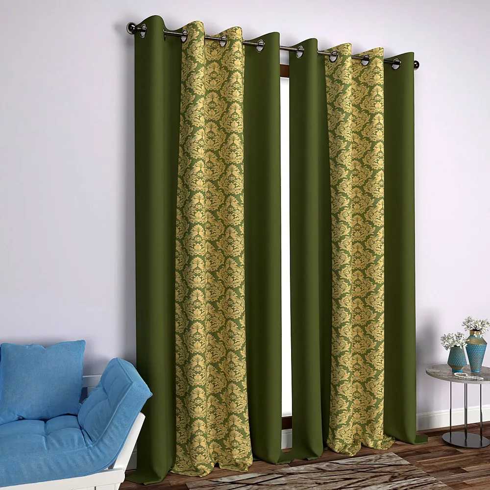Bottle Green Damask Designer Layered Window Curtain