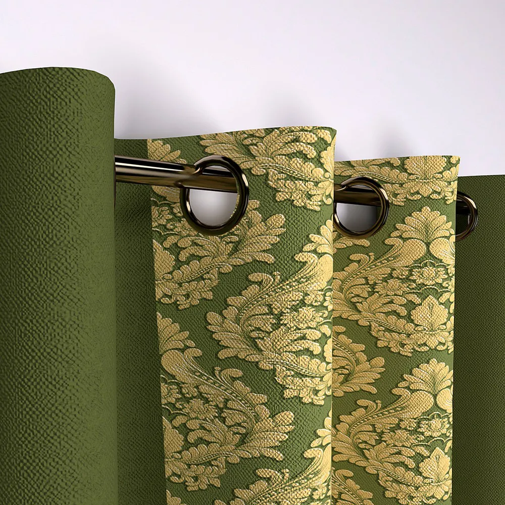 Bottle Green Damask Designer Layered Window Curtain