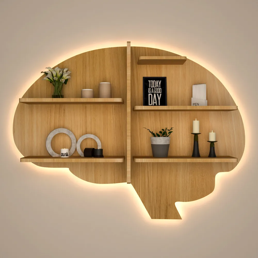 Brain Shape Backlit Wood Wall Shelf / Book Shelf / Night Light, Light Oak Finish Regular ( 32 inches x 24 inches )