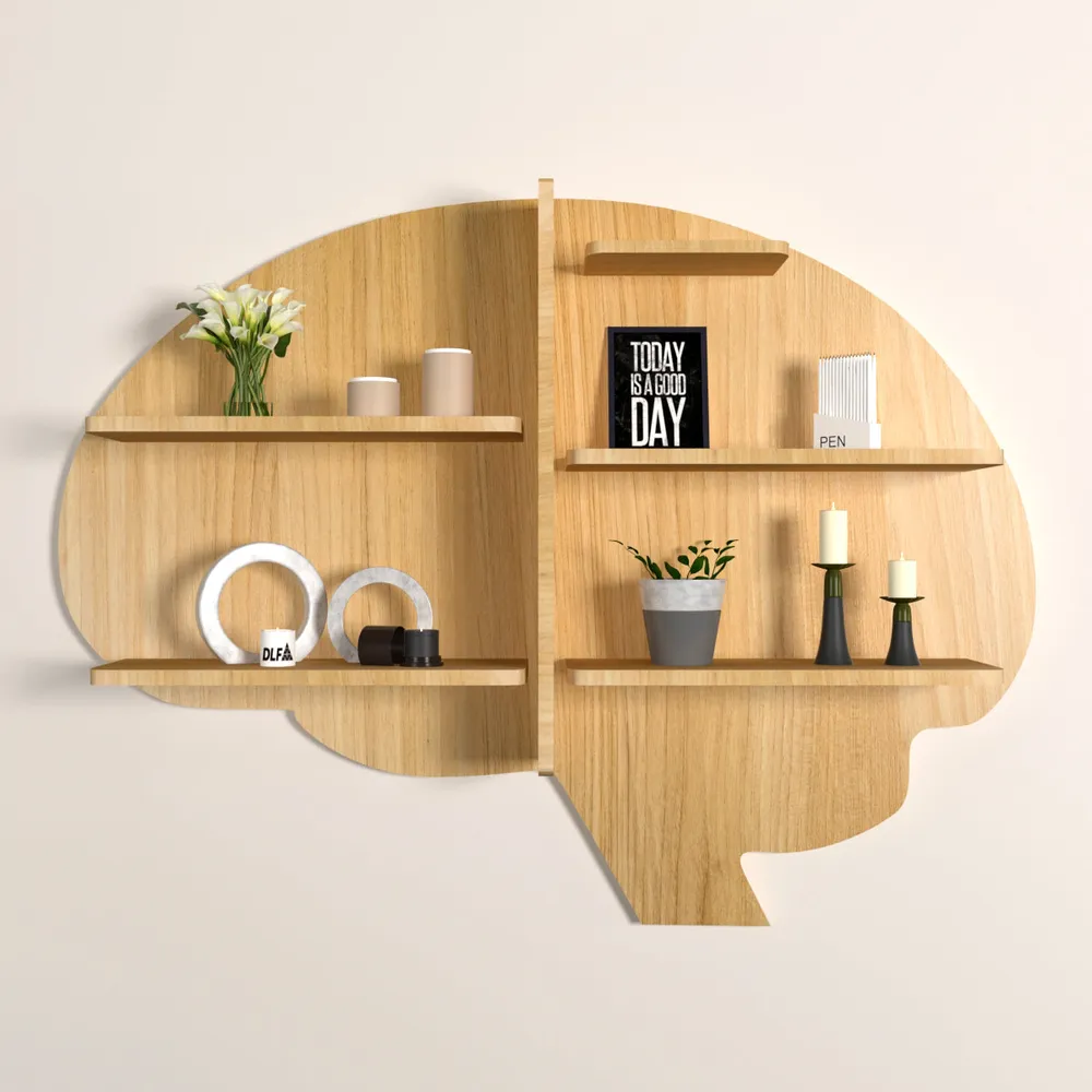 Brain Shape Backlit Wood Wall Shelf / Book Shelf / Night Light, Light Oak Finish Regular ( 32 inches x 24 inches )