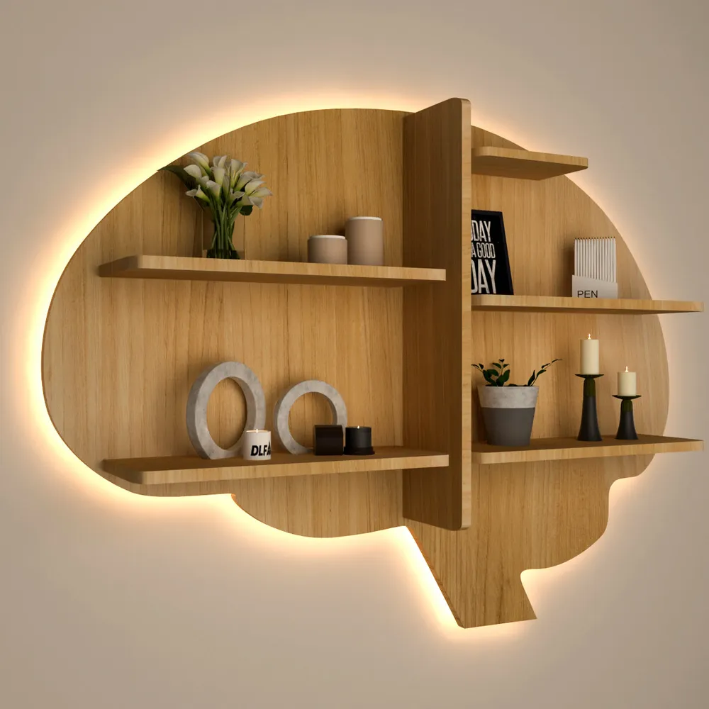 Brain Shape Backlit Wood Wall Shelf / Book Shelf / Night Light, Light Oak Finish Regular ( 32 inches x 24 inches )