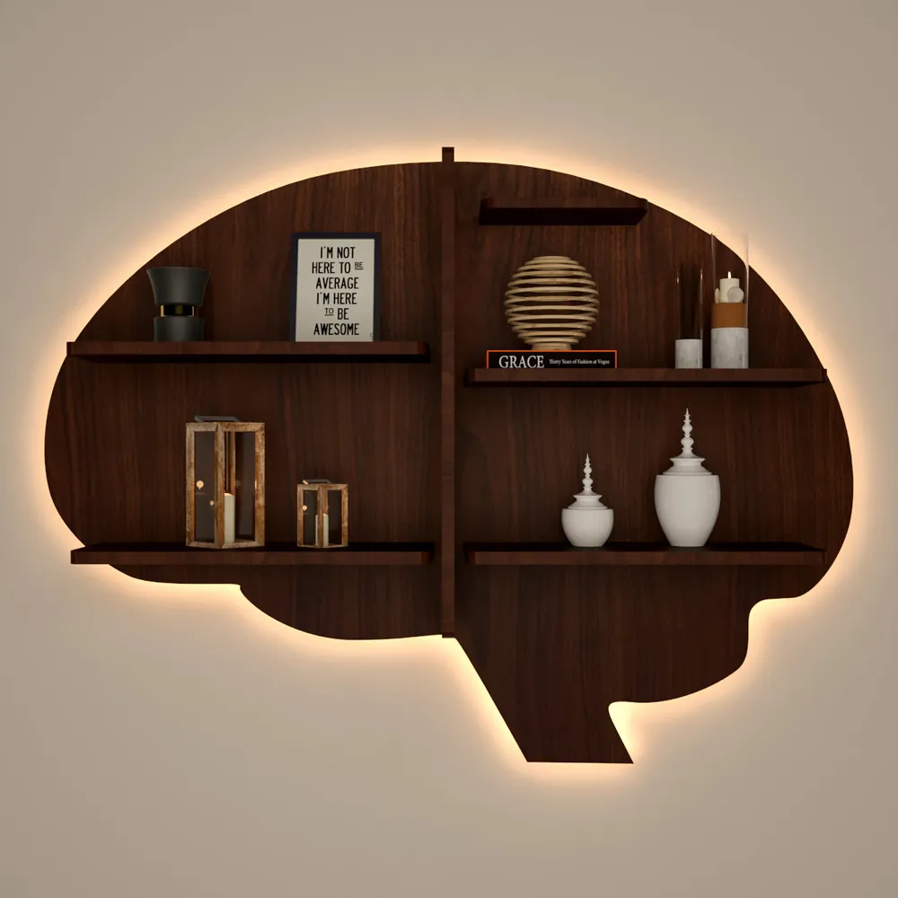 Brain Shape Backlit Wood Wall Shelf / Book Shelf / Night Light, Walnut Finish Regular ( 32 inches x 24 inches )