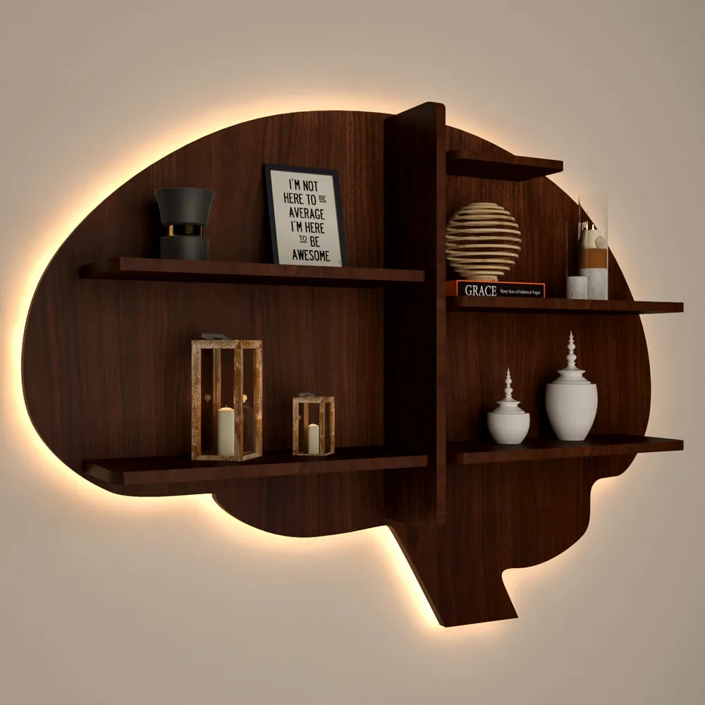 Brain Shape Backlit Wood Wall Shelf / Book Shelf / Night Light, Walnut Finish Regular ( 32 inches x 24 inches )