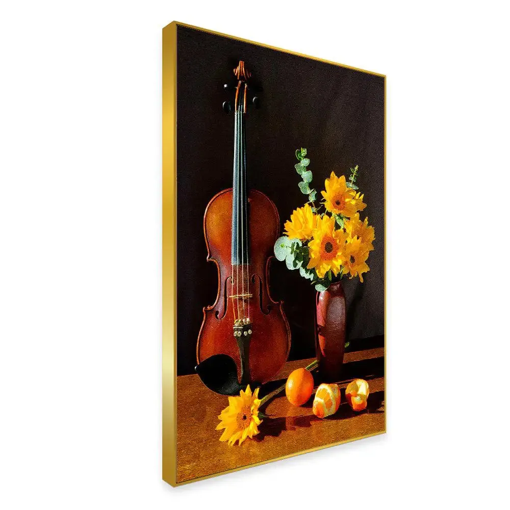 Breathtaking Still Life Painting of Violin &amp; Yellow Gerbera Flowers With Floating Frame