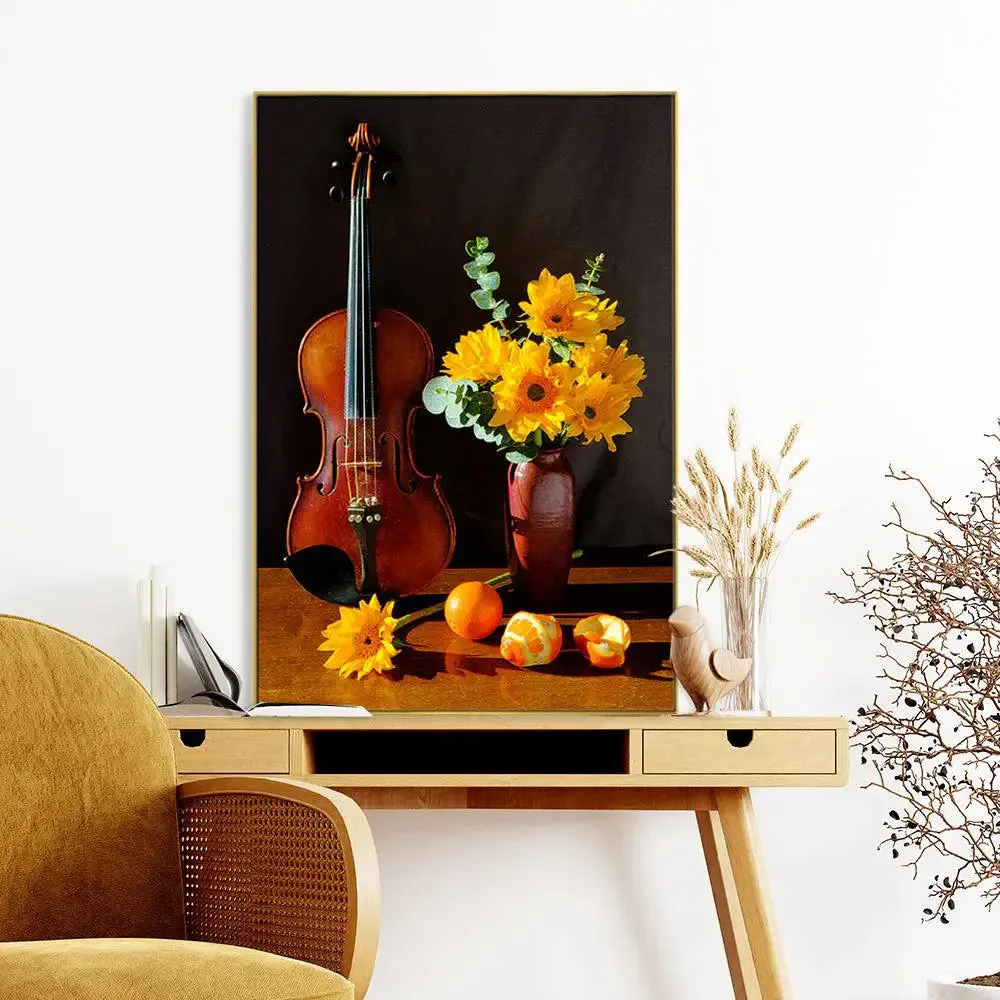 Breathtaking Still Life Painting of Violin &amp; Yellow Gerbera Flowers With Floating Frame