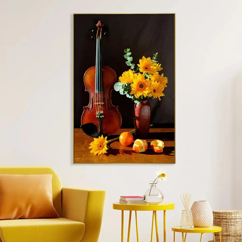 Breathtaking Still Life Painting of Violin &amp; Yellow Gerbera Flowers With Floating Frame