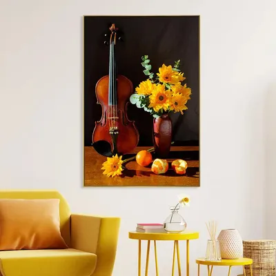 Breathtaking Still Life Painting of Violin &amp; Yellow Gerbera Flowers