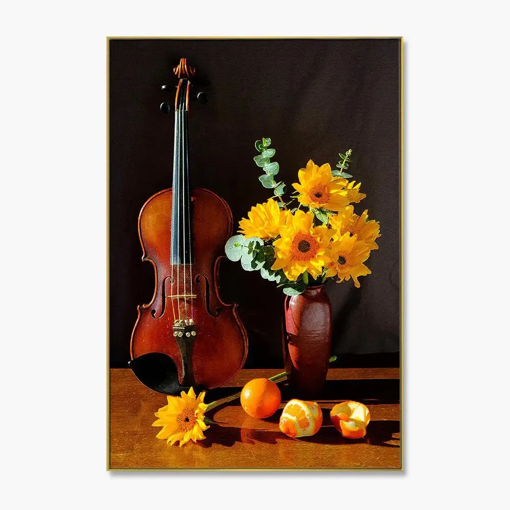 Breathtaking Still Life Painting of Violin &amp; Yellow Gerbera Flowers With Floating Frame