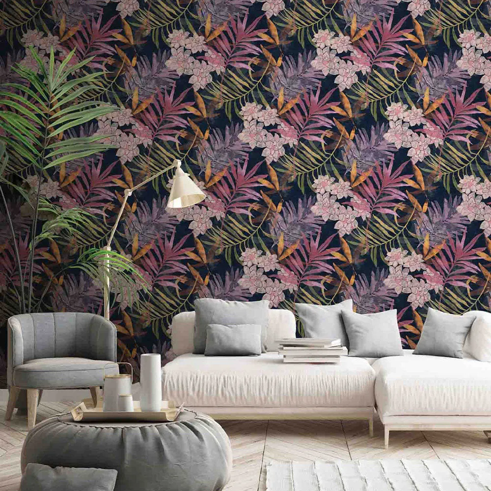 Breezy Botanicals Textured Premium Wallpaper- Modern Bites dark multi-color