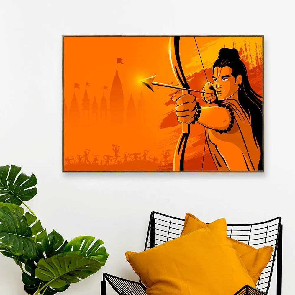 Bright Orange Life-Like Ram Ji Canvas Painting With Floating Frame