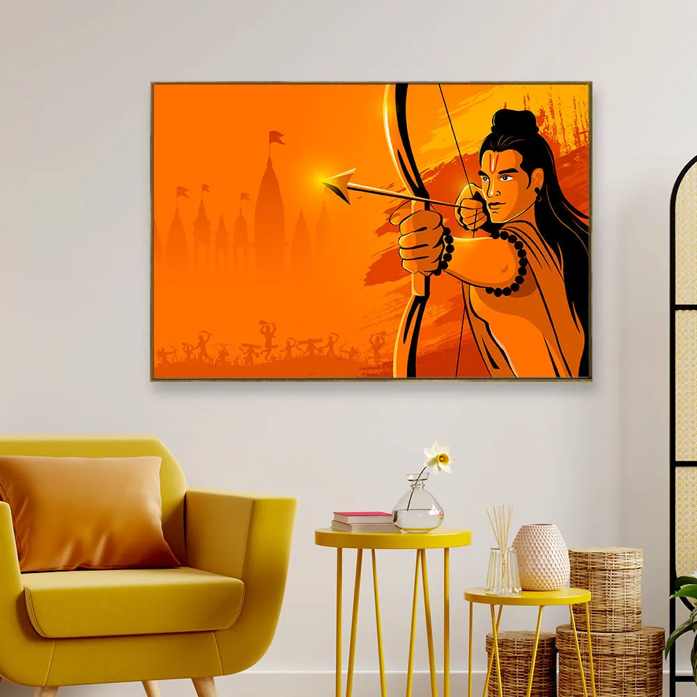Bright Orange Life-Like Ram Ji Canvas Painting With Floating Frame
