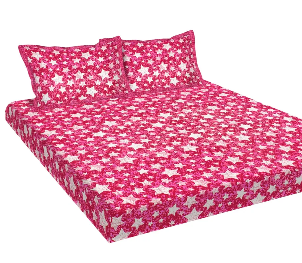 Bright Pink Star Printed 144 TC Cotton Double Bedsheet with Pillow Covers
