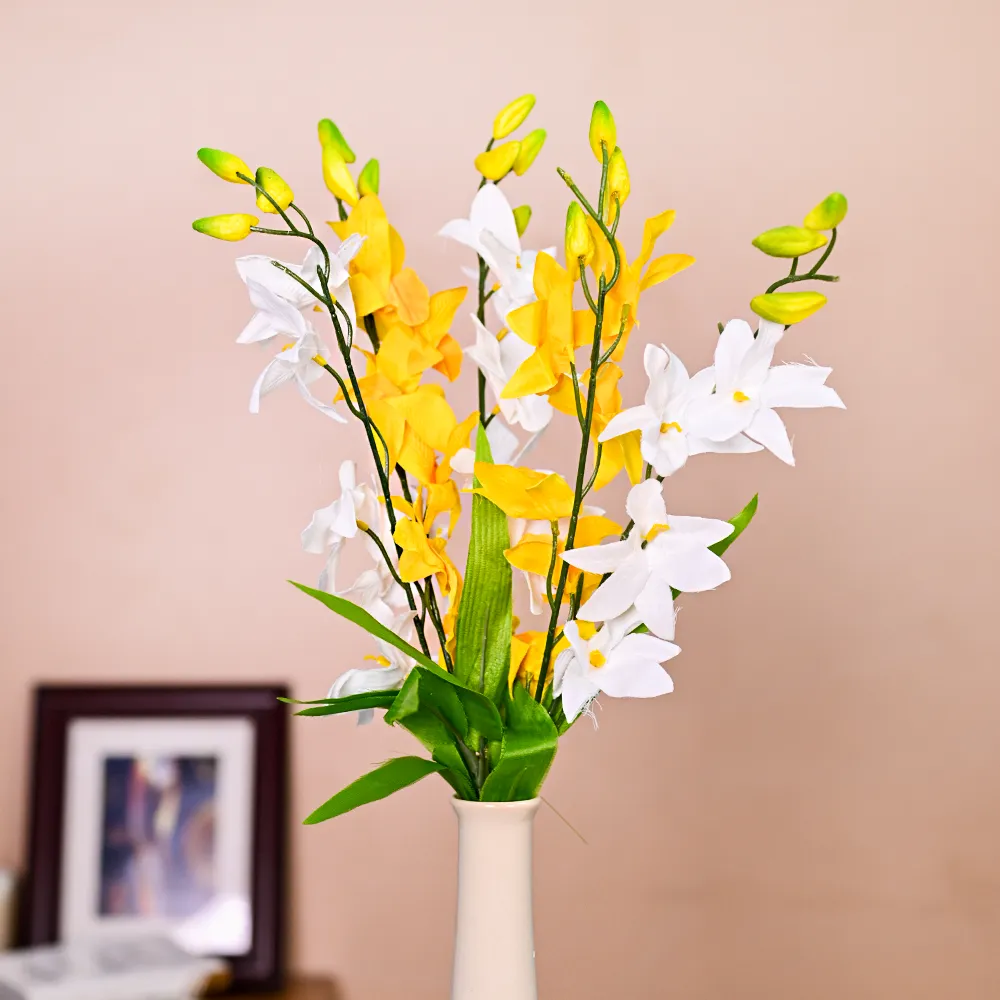 Bright White & Yellow Artificial Orchid Bunch Combo