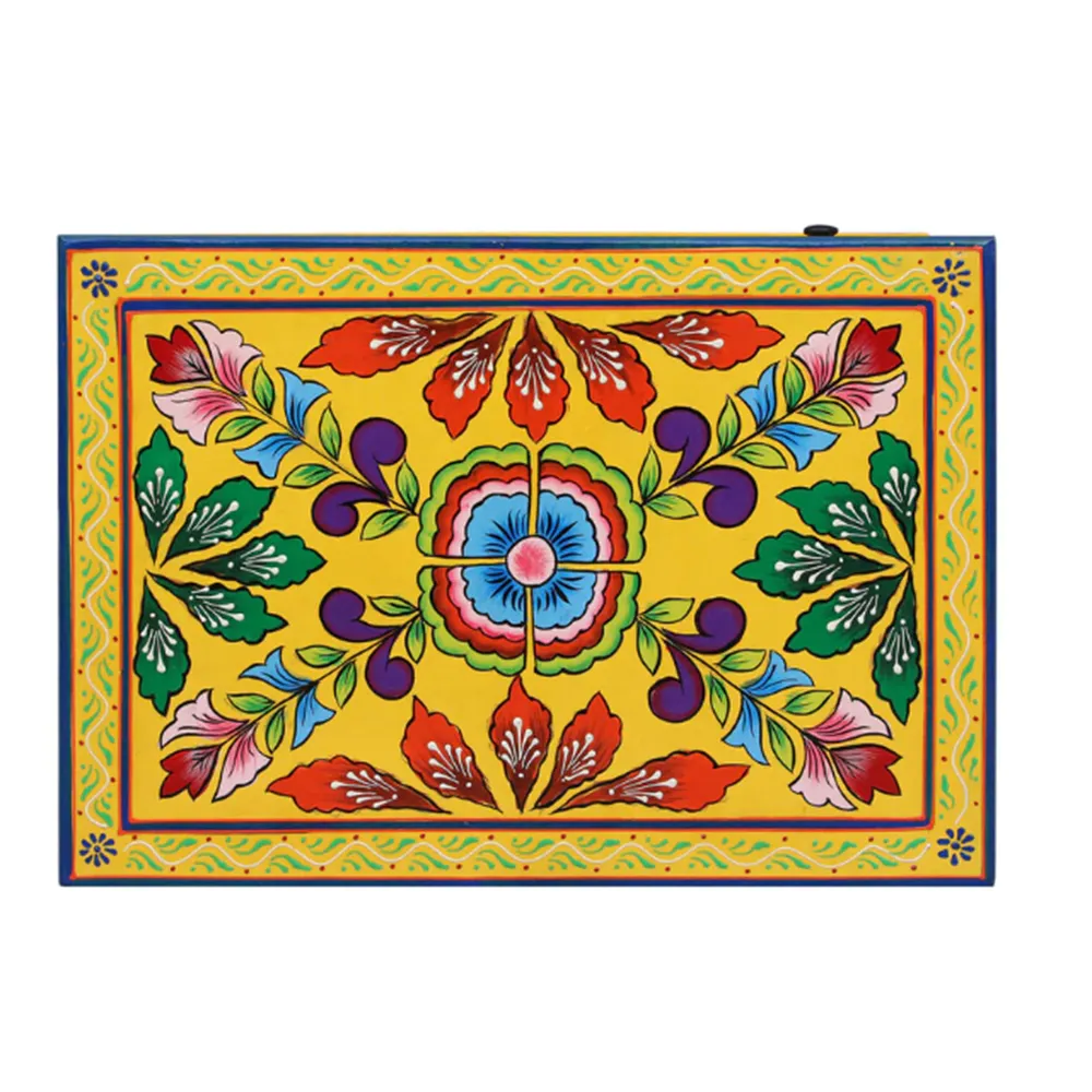 Bright Yellow Base Multicolor Traditionally Crafted Mango Wood Cabinet