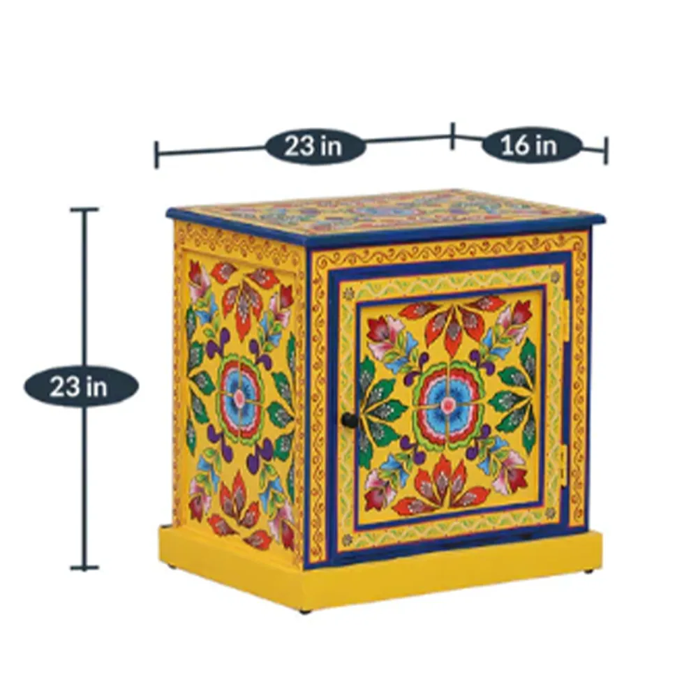 Bright Yellow Base Multicolor Traditionally Crafted Mango Wood Cabinet