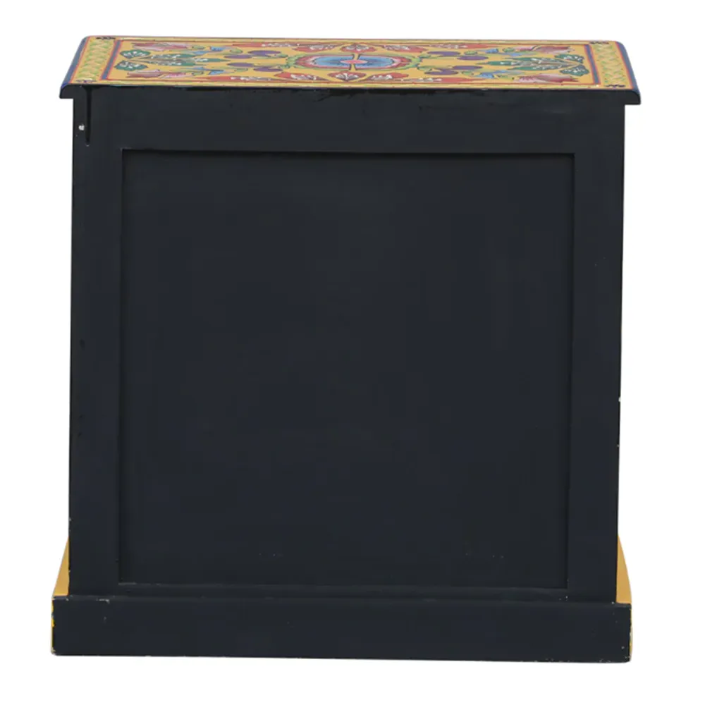 Bright Yellow Base Multicolor Traditionally Crafted Mango Wood Cabinet