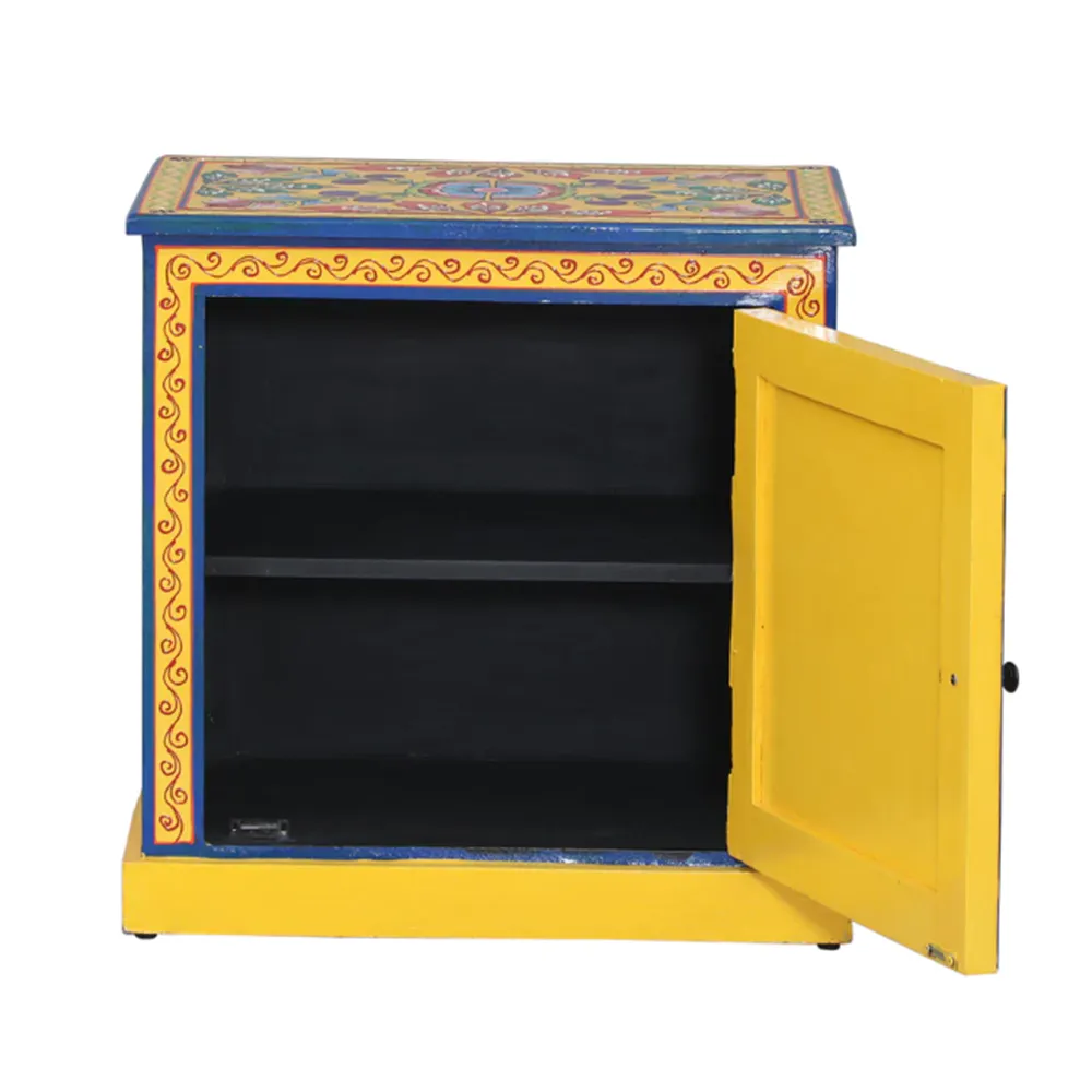 Bright Yellow Base Multicolor Traditionally Crafted Mango Wood Cabinet