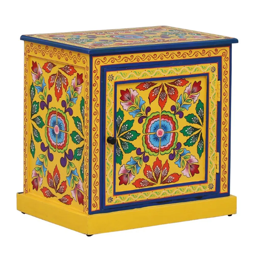 Bright Yellow Base Multicolor Traditionally Crafted Mango Wood Cabinet