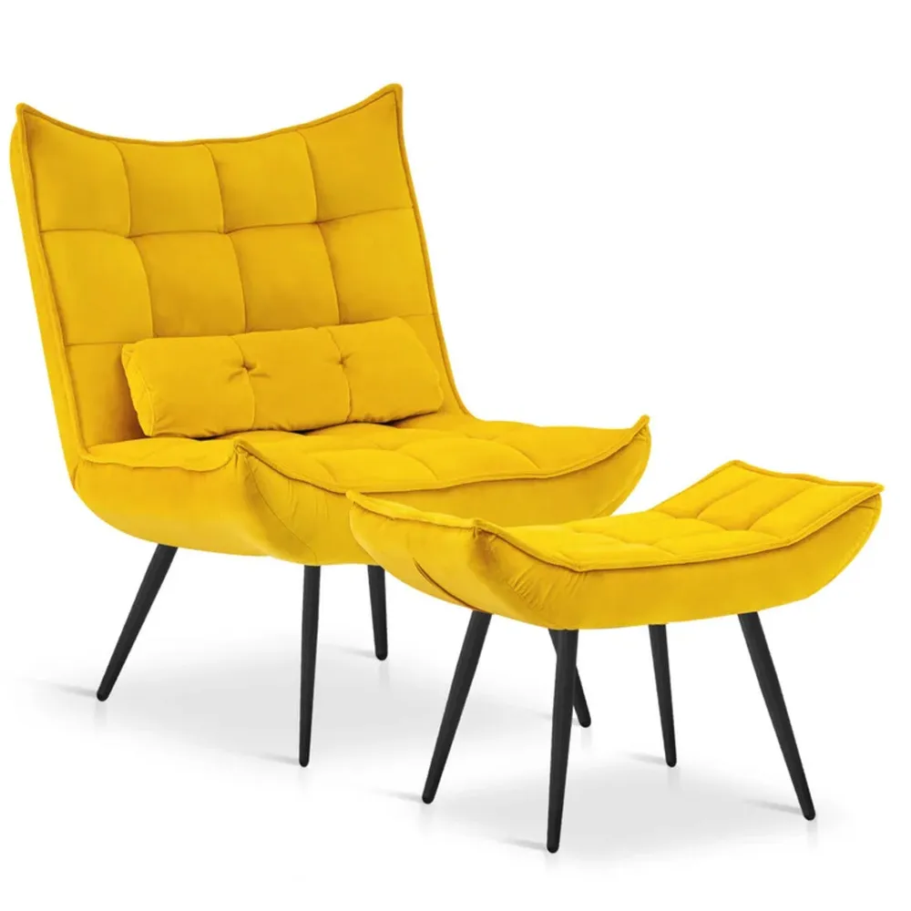 Bright Yellow Leatherette Armchair With Footrest & Cushion Single Piece