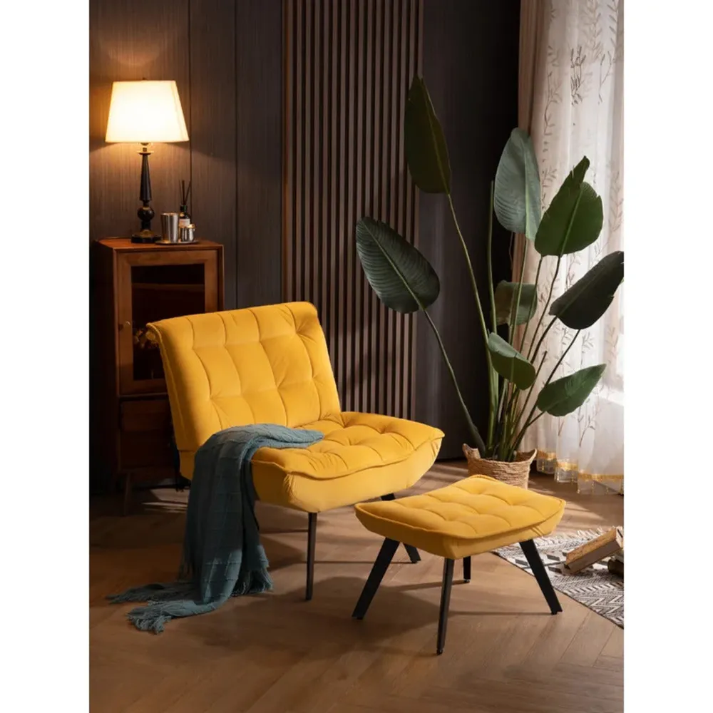 Bright Yellow Leatherette Armchair With Footrest & Cushion Single Piece