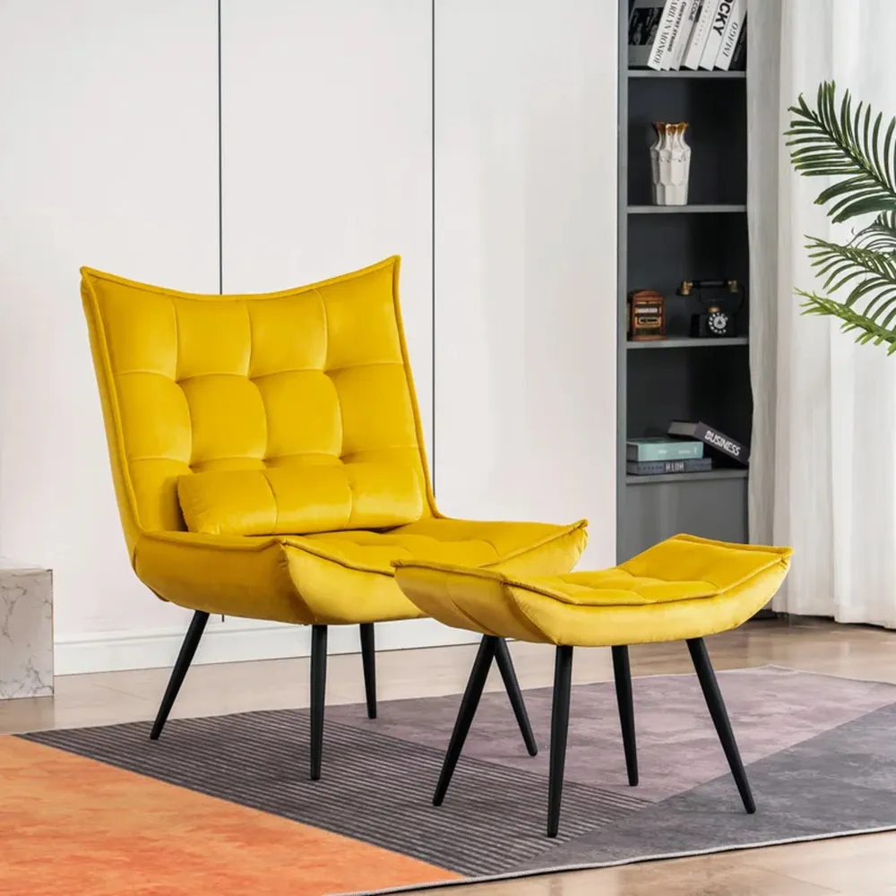 Bright Yellow Leatherette Armchair With Footrest & Cushion Single Piece
