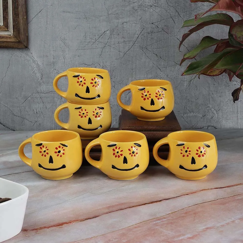 Bright Yellow Smiley Handcrafted Ceramic Tea Cups Set of 6