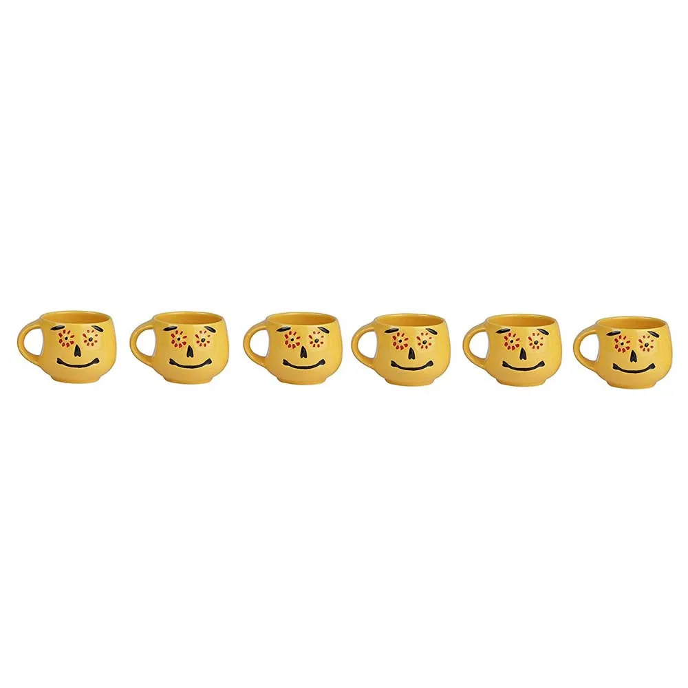 Bright Yellow Smiley Handcrafted Ceramic Tea Cups Set of 6