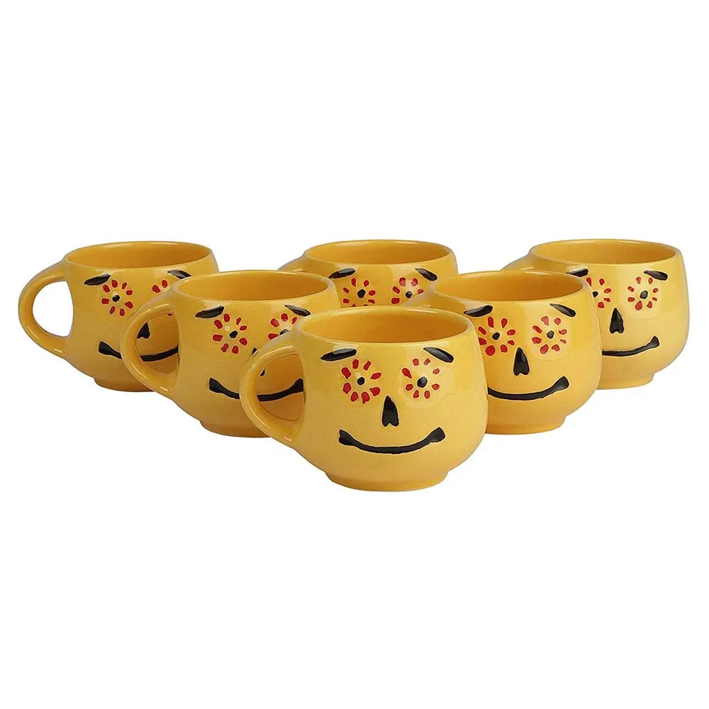 Bright Yellow Smiley Handcrafted Ceramic Tea Cups Set of 6