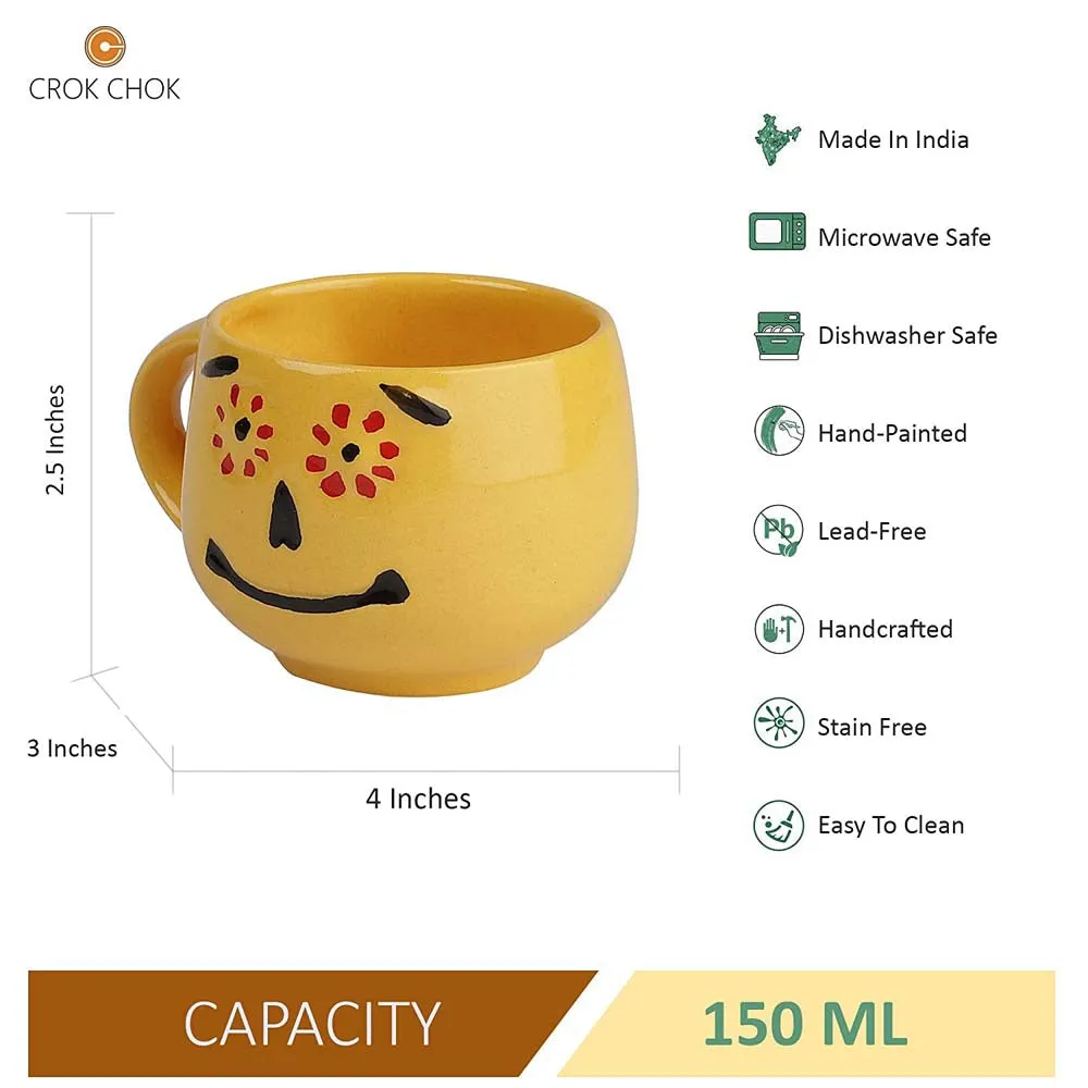 Bright Yellow Smiley Handcrafted Ceramic Tea Cups Set of 6