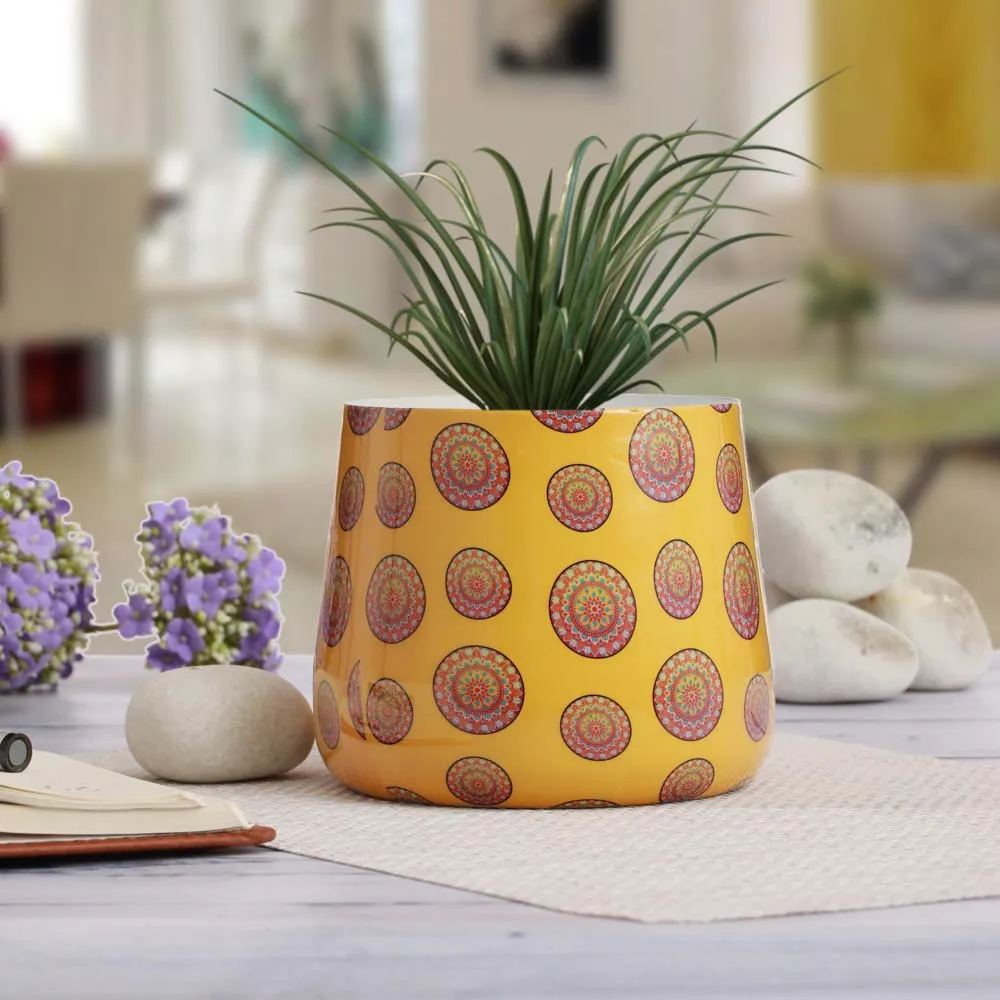 Bright Yellow Table Top Designer Meena Metal Pot