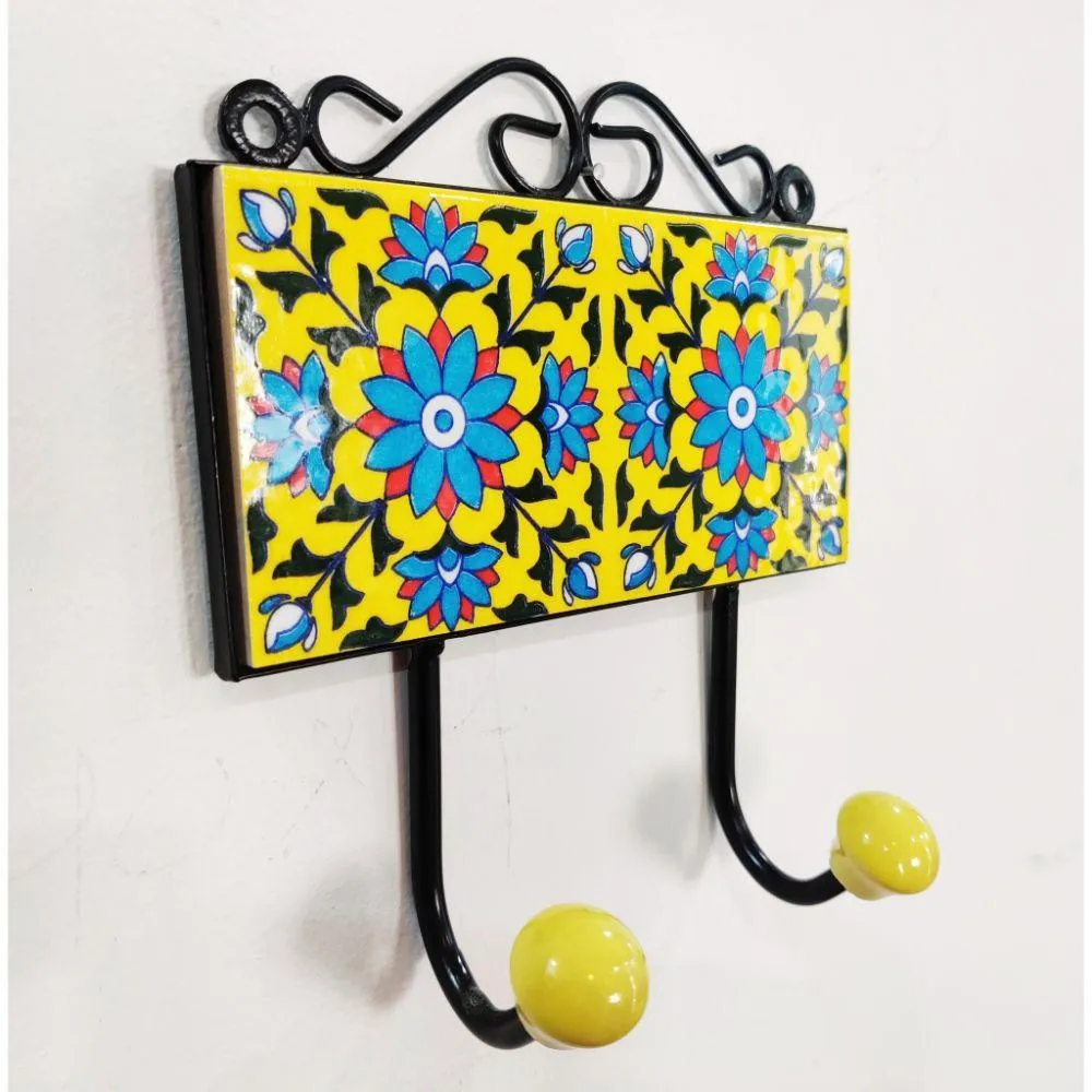 Bright Yellow Wrought Iron Ceramic Wall Hook - Set of 2