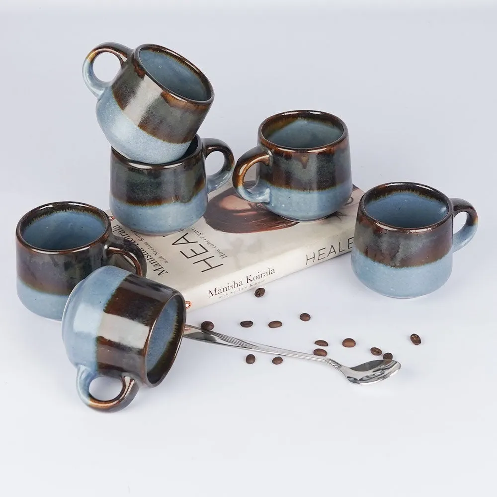 Broad Lined Blue Ceramic Mugs Set of 6