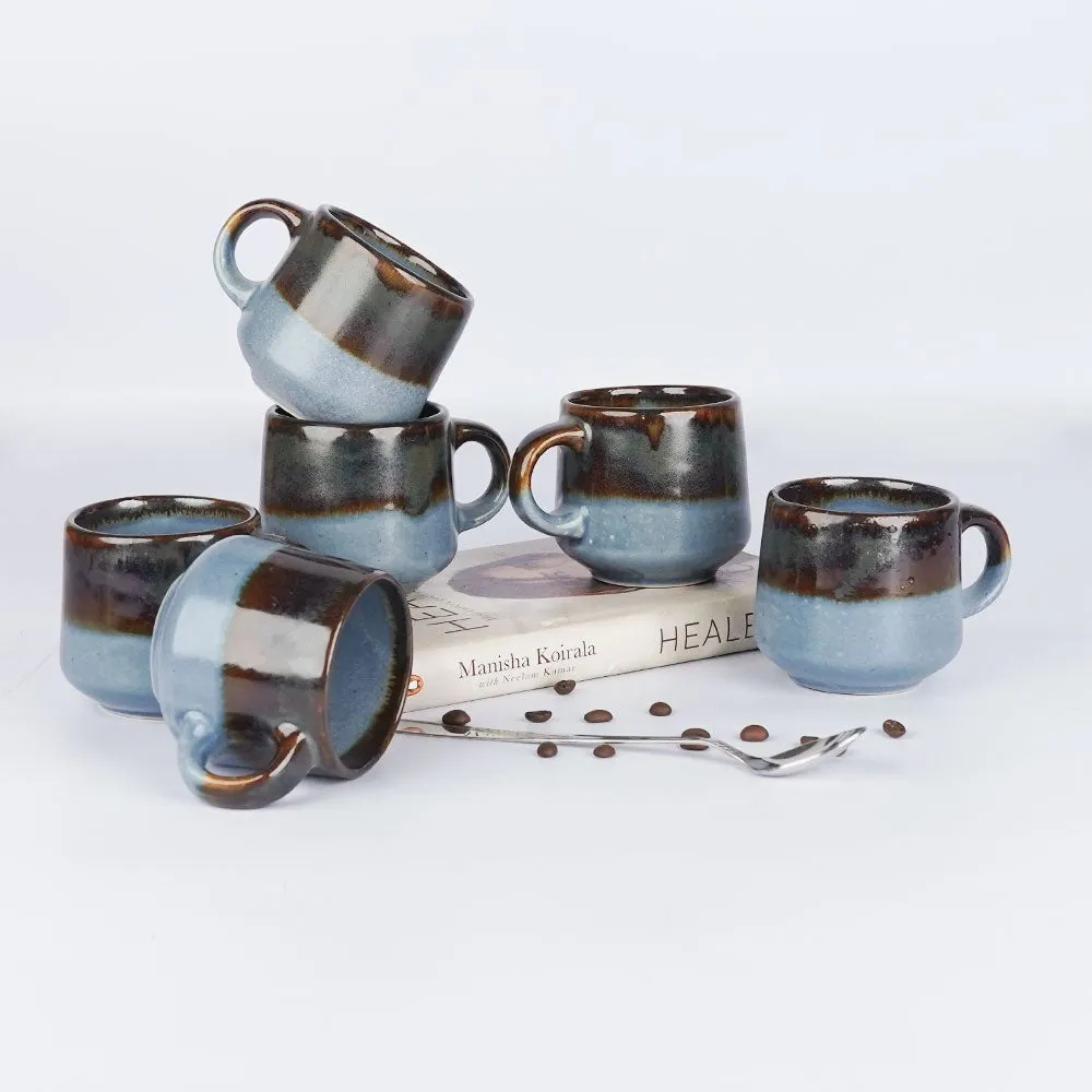 Broad Lined Blue Ceramic Mugs Set of 6