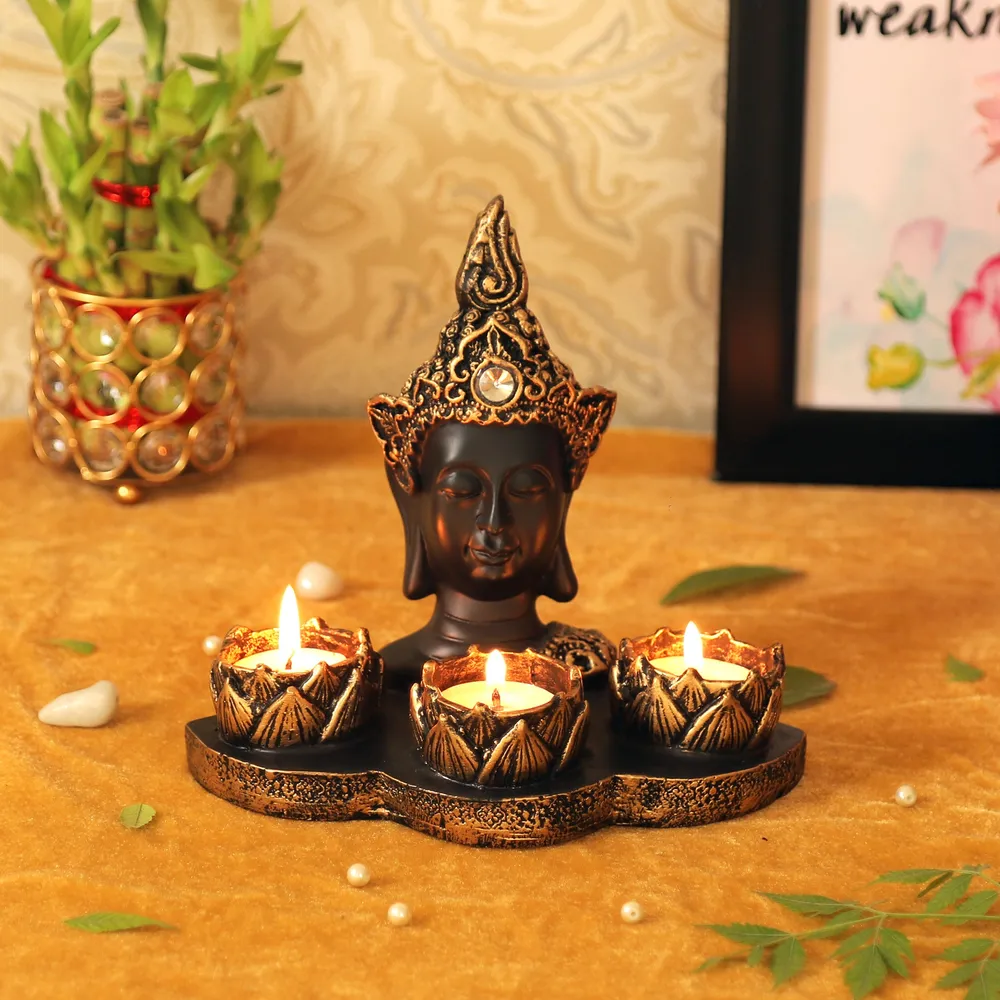 Bronze Brushed Black Decorative Buddha Candle Holder Showpiece