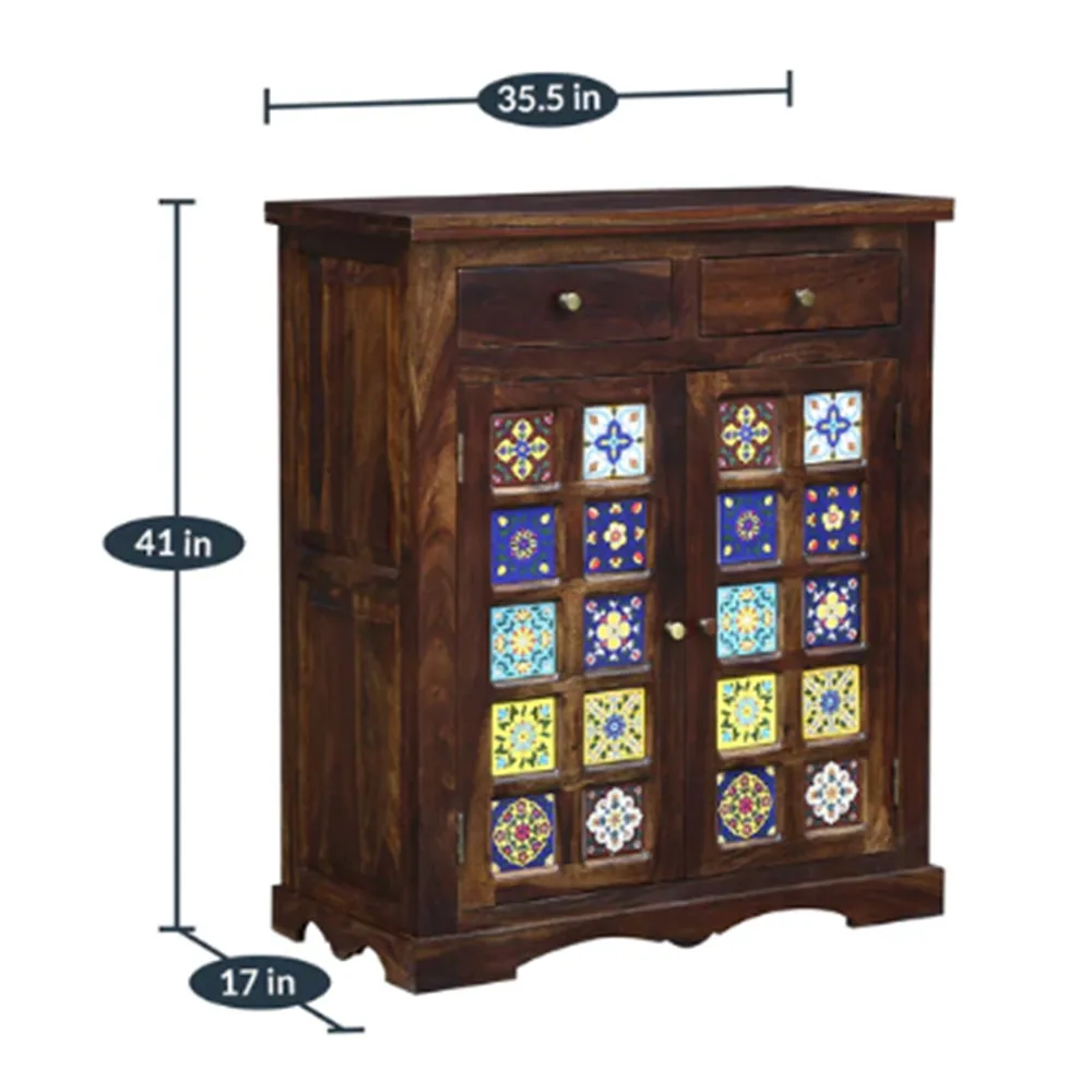 Brown Base Multicolor Traditional Designer Sheesham Wood Cabinet