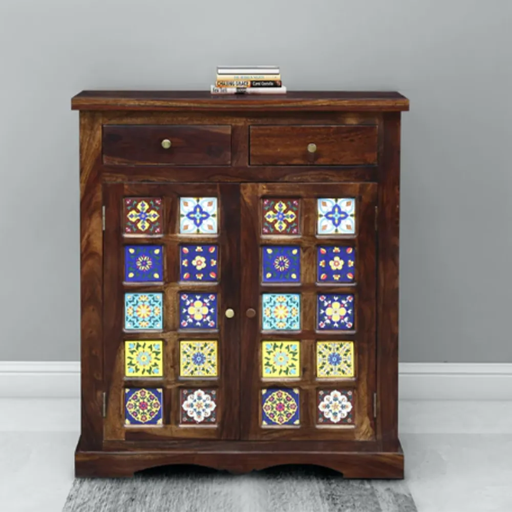 Brown Base Multicolor Traditional Designer Sheesham Wood Cabinet