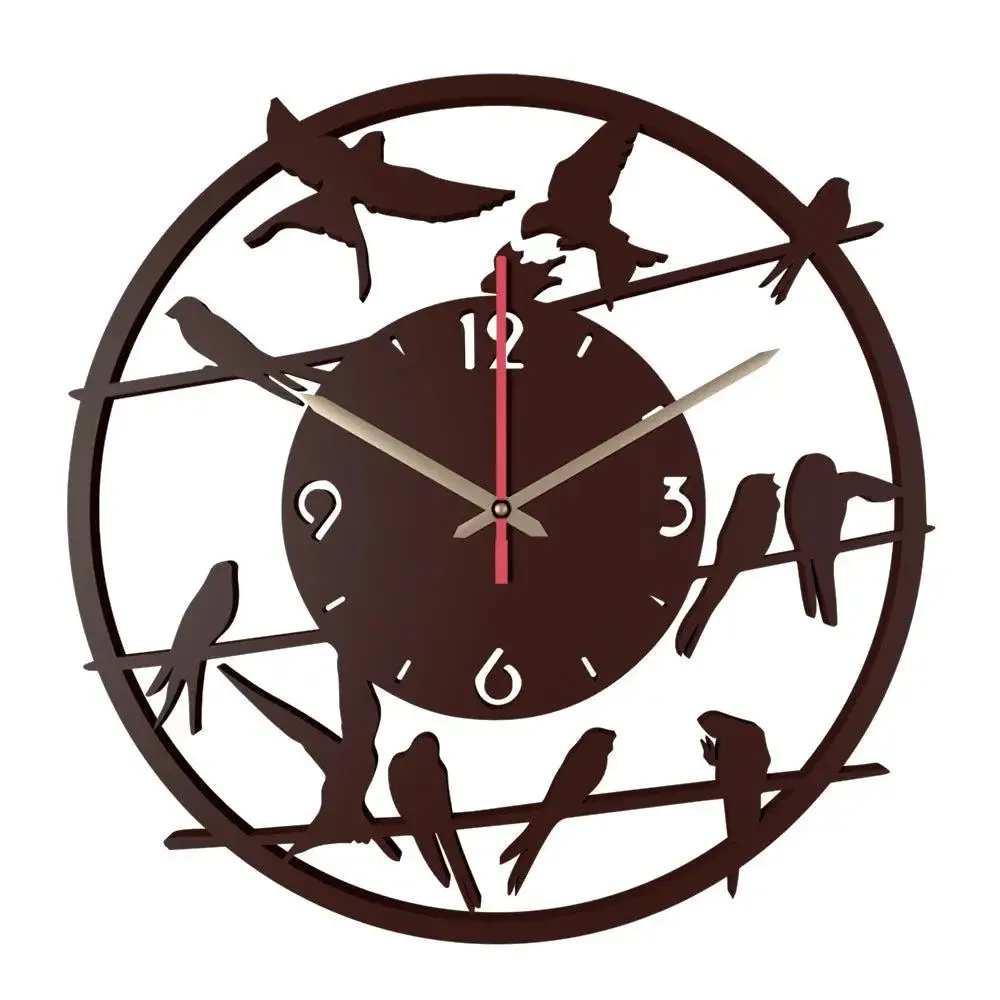 Brown Birds on Wire Wooden Wall Clock