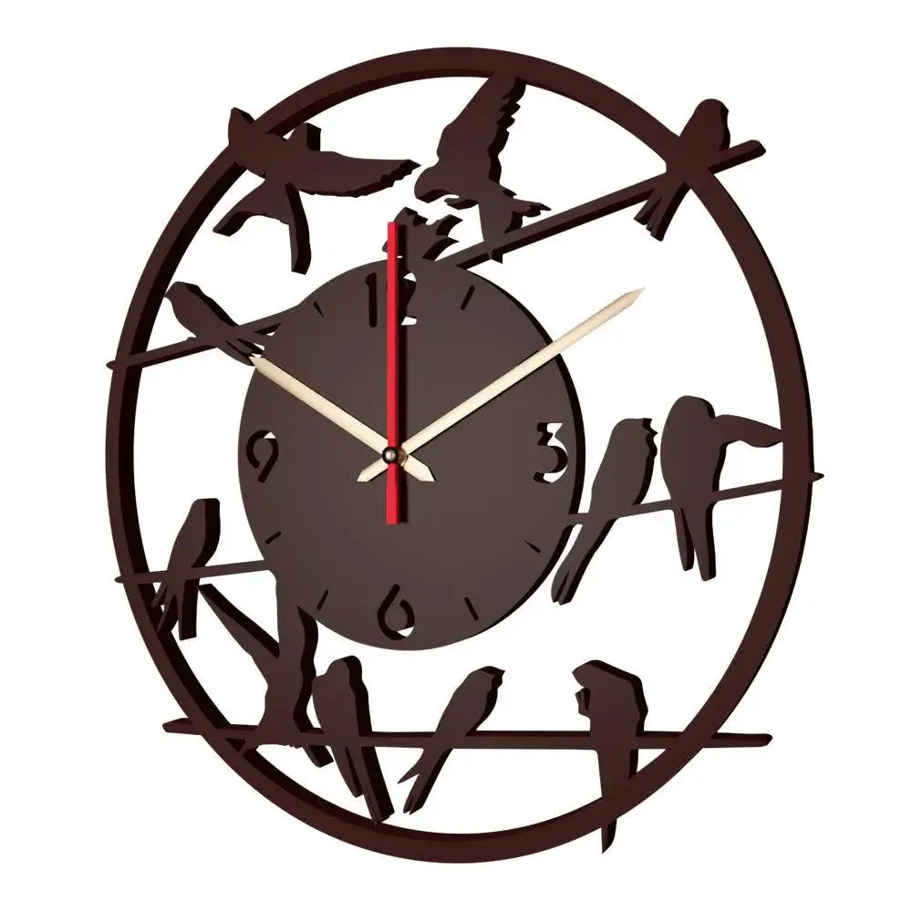 Brown Birds on Wire Wooden Wall Clock