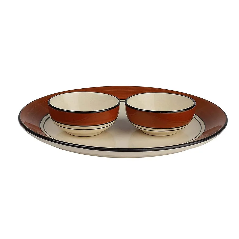 Brown Bordered Cream Serving Plate With One Single Serving Bowl Dinnerware Set