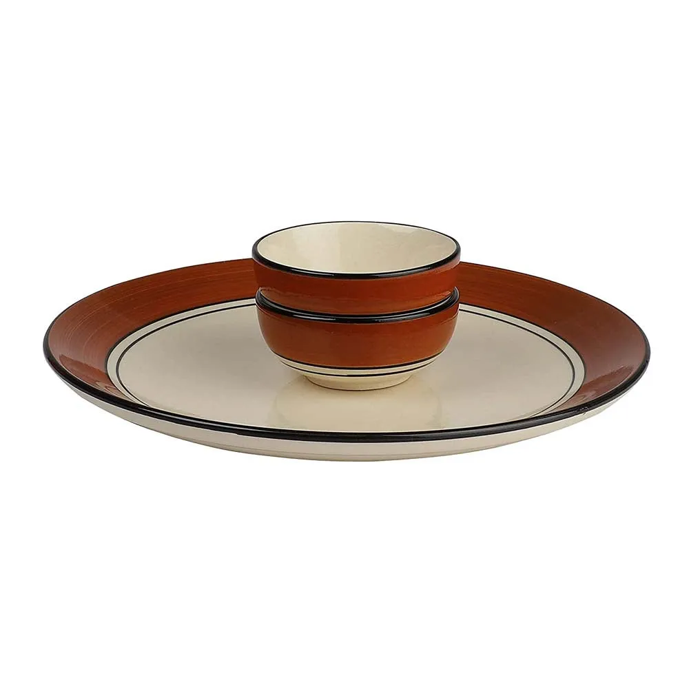 Brown Bordered Cream Serving Plate With One Single Serving Bowl Dinnerware Set