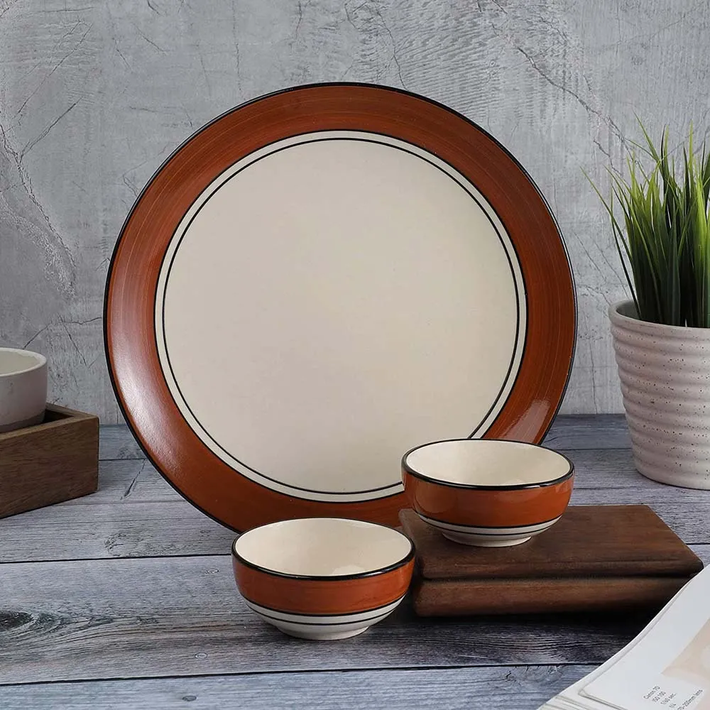 Brown Bordered Cream Serving Plate With One Single Serving Bowl Dinnerware Set