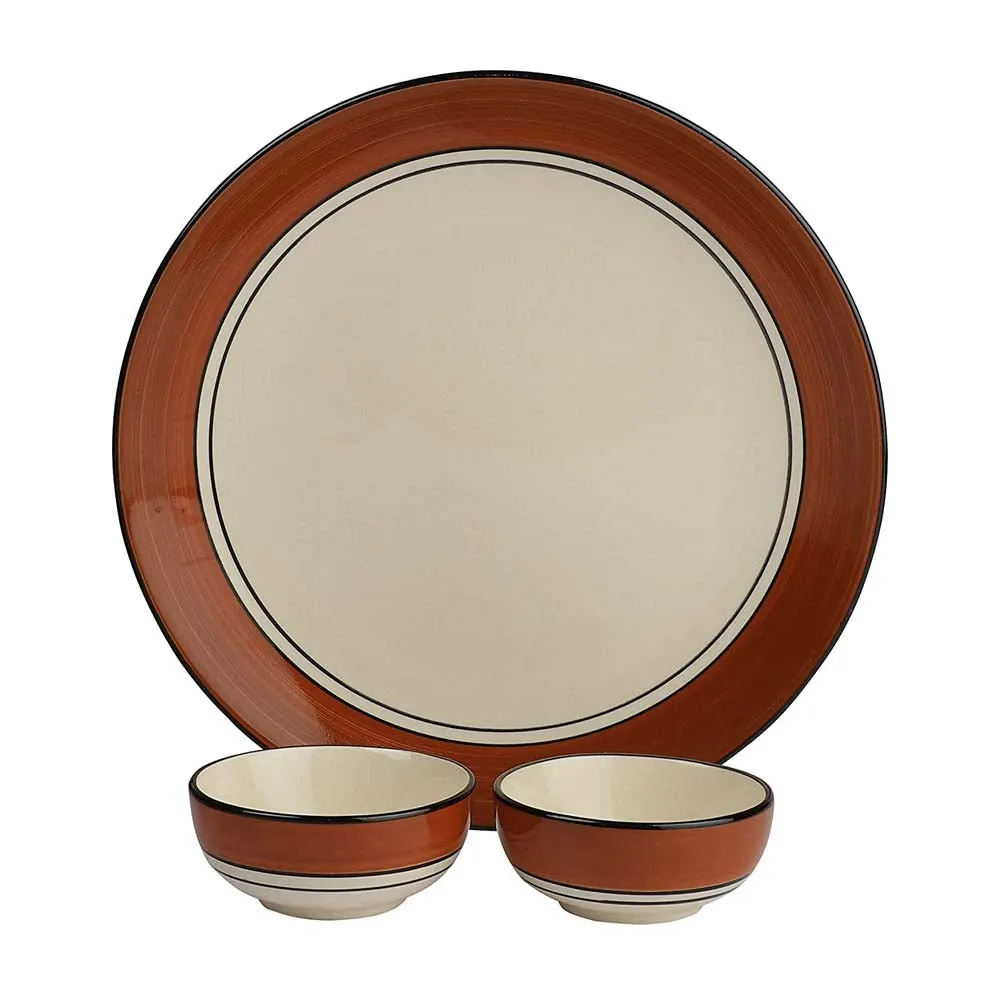 Brown Bordered Cream Serving Plate With One Single Serving Bowl Dinnerware Set