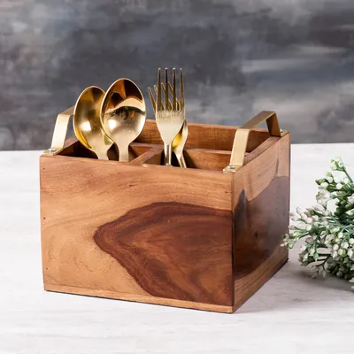 Brown Decorative Multipurpose Wooden Cutlery Holder