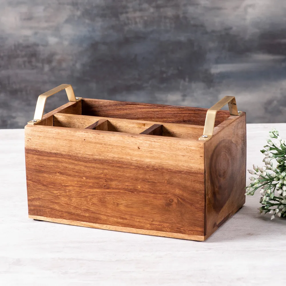Brown Decorative Teak Wood Cutlery Holder